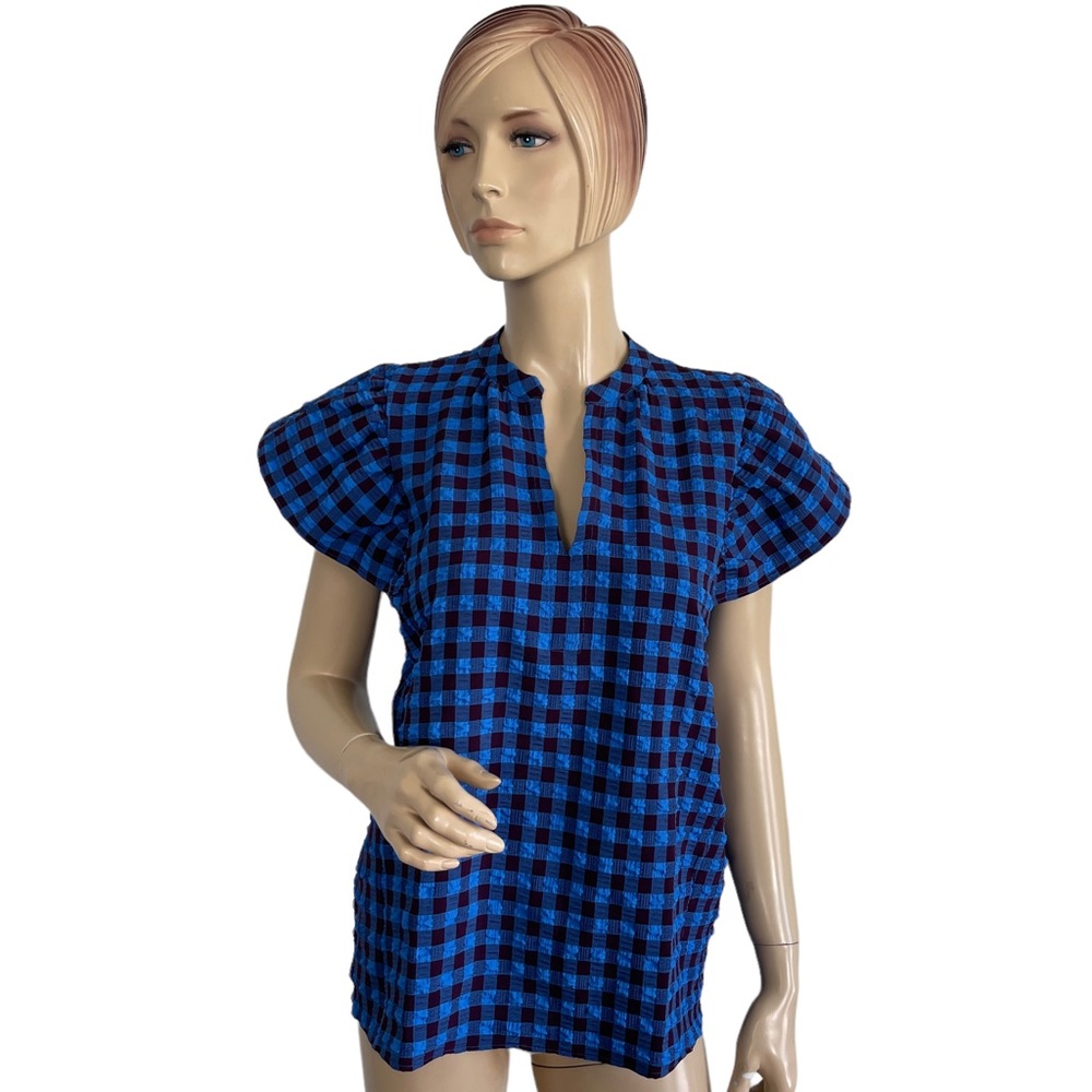 Ann Taylor Women's Blue Check Flutter Sleeve Top Small